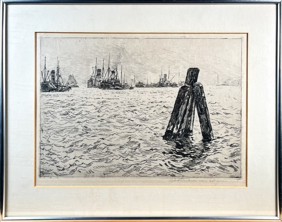Derkzen van Angeren, Anton - Etching - Handsigned: Artist: Derkzen van Angeren, Anton Title: Rotterdam Havengezicht Technique: Etching on Fine art paper size: 30 x 40 cm. (11,8 x 15,75 inch) More Information Hand-signed. Comes wi