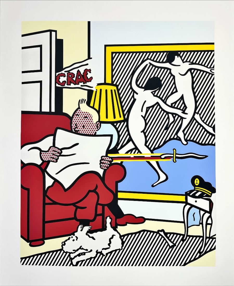 Lichtenstein, Roy - Screenprint: Artist: Lichtenstein, Roy Title: Tintin reading Technique: Screenprint on Lenox museum board size: 120 x 100 cm. (47,25 x 39,35 inch) Framed: Not framed More Information Roy Lichtenstein (1923-1997