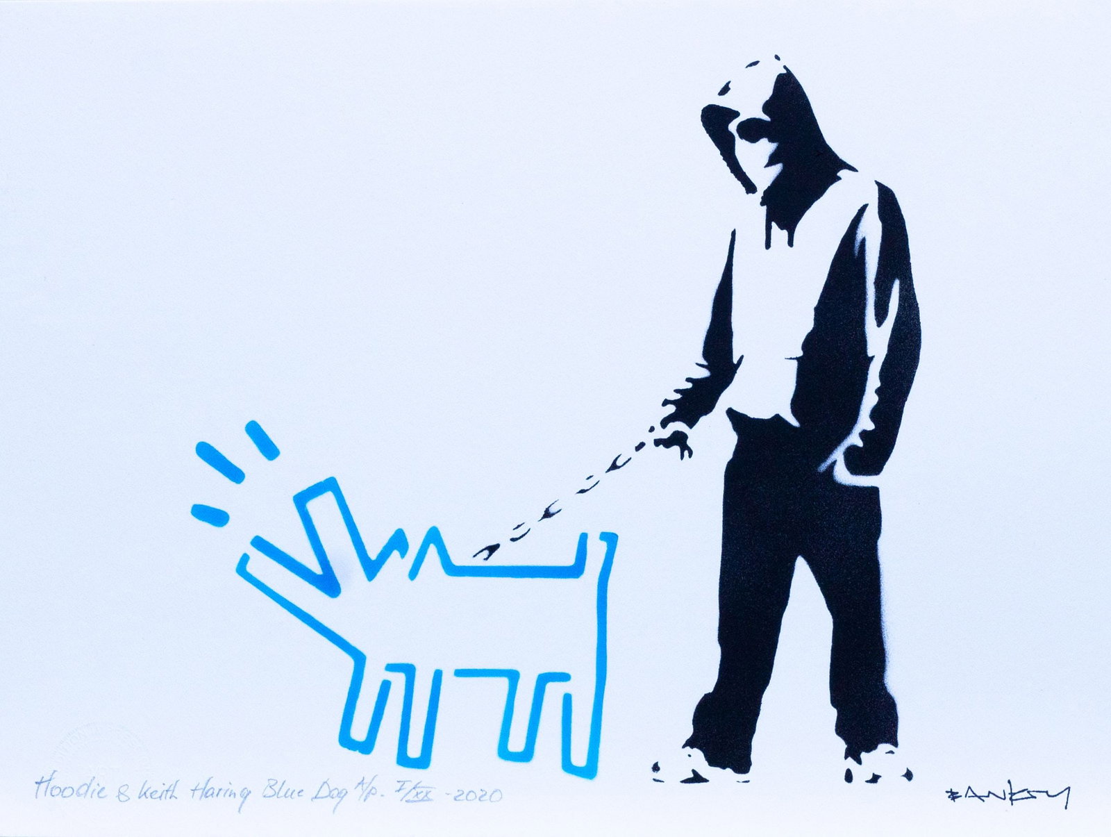 Banksy, after - Stencil / Spray.: Artist: Banksy, after Title: Hoodie & Keith Haring Blue Dog Technique: Stencil/Spray on Arches paper 360 g size: 40 x 30 cm. (15,75 x 11,8 inch) Framed: Not framed More Information Title: Hoodie