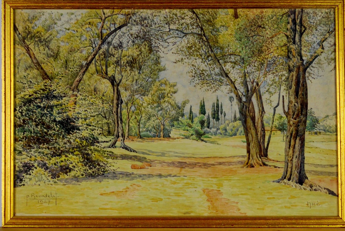 Pierre Bourdelat - Watercolor - Handsigned: Artist: Bourdelat, P Title: Park view in Nice Technique: Watercolor on Handmade paper size: 23 x 36 cm. (9,05 x 14,15 inch) More Information Nice watercolor by the French painter P. Bourdelat, 1927.