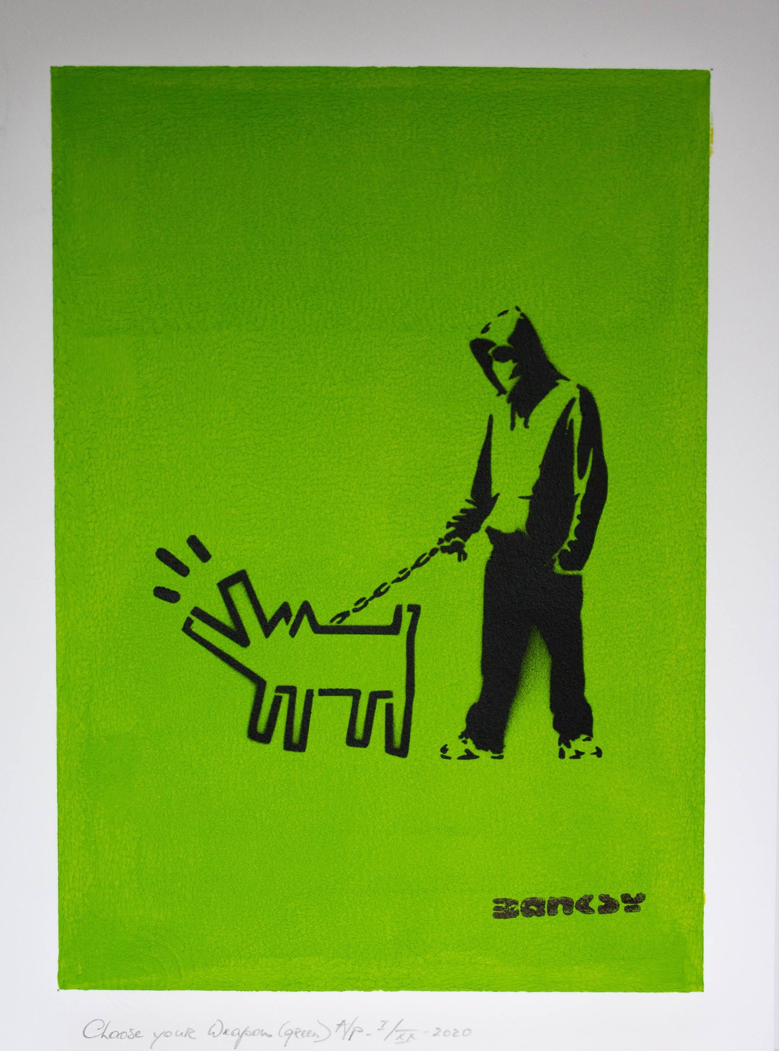 Banksy, after - Stencil/Spray.: Artist: Banksy, after Title: Choose your Weapon (Green) Technique: Stencil/Spray on Arches paper 360 g size: 100 x 70 cm. (39,35 x 27,55 inch) Framed: Not framed More Information Title: Choose your