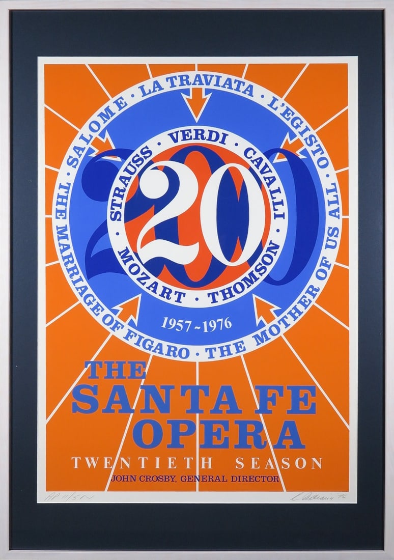 Robert Indiana - Silkscreen - Handsigned: Artist: Indiana, Robert Title: The Santa Fe Opera Technique: Silkscreen on Handmade paper size: 102,5 x 72,5 cm. (40,35 x 28,55 inch) More Information Large brightly colored scre