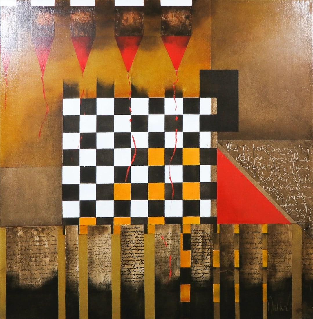 Marie Louise Houweling-Oudkerk - Acrylic painting - Hand signed: Artist: Houweling-Oudkerk, Marie Louise Title: Geometrisch Abstract Technique: Acrylic painting on Canvas size: 100 x 100 cm. (39,35 x 39,35 inch) Framed: Not framed More Informat