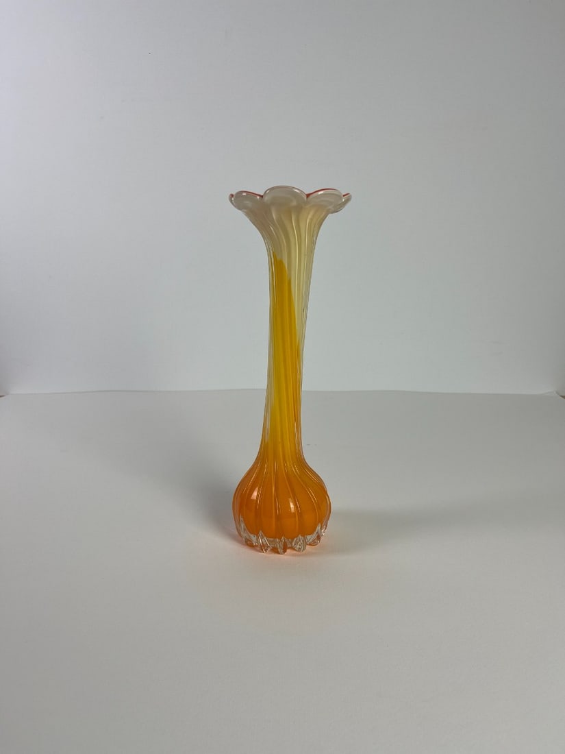 Murano Flower Vase Glass: Artist: Murano Title: Murano Flower Vase Technique: Sculpture on Glass size: 29,5 x 10 cm. (11,6 x 3,95 inch) Framed: Not framed More Information Murano Flower Vase Glass Yello/ white Sixties