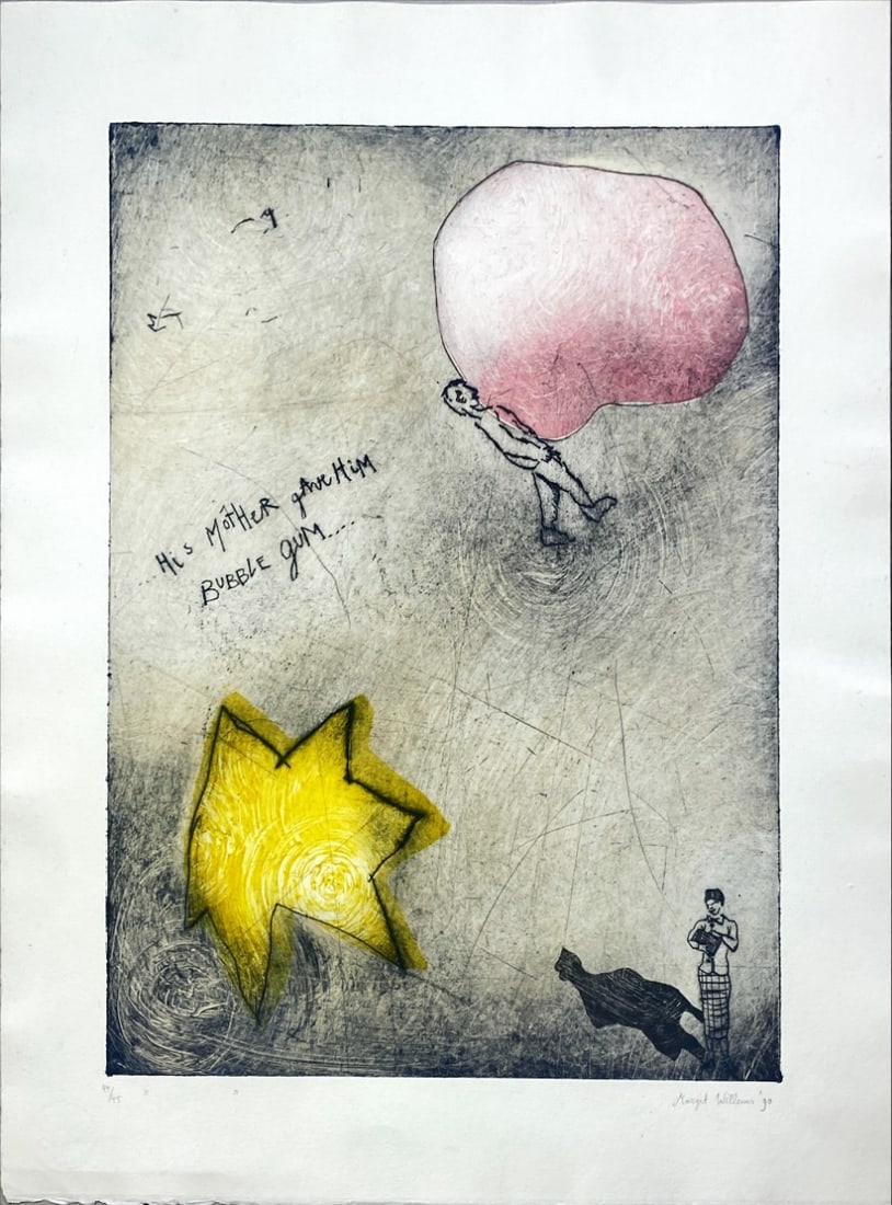 Annelies vd Berg - Etching - Hand signed: Artist: Willems, Margrit Title: His Mother gave him bubble gum Technique: Etching on Handmade paper size: 50 x 39,5 cm. (19,7 x 15,55 inch) Framed: Not framed More Information