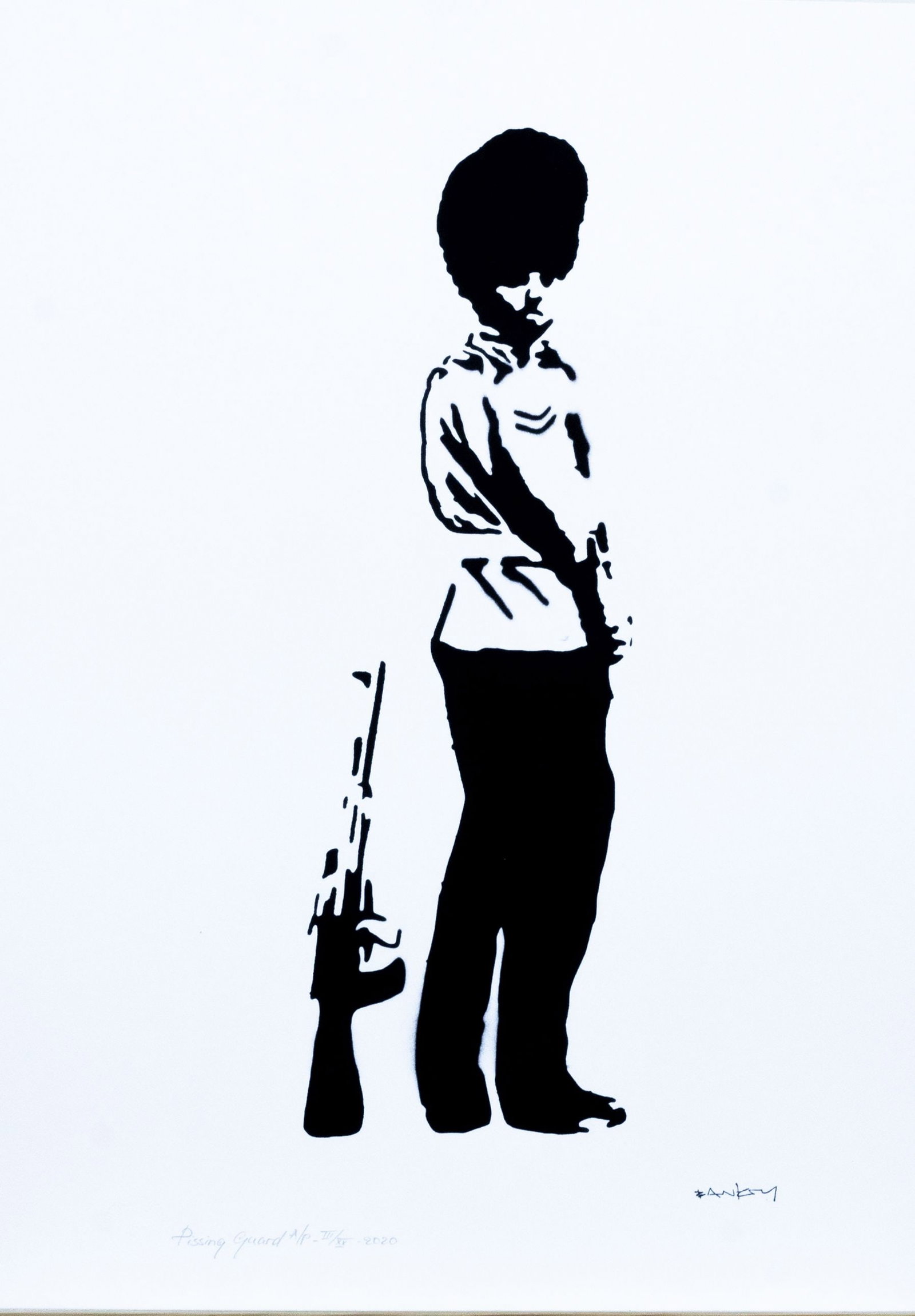 Banksy, after - Stencil / Spray: Artist: Banksy, after Title: Pissing Guard Technique: Stencil/Spray on Arches paper 360 g size: 40 x 30 cm. (15,75 x 11,8 inch) Framed: Not framed More Information Titl
