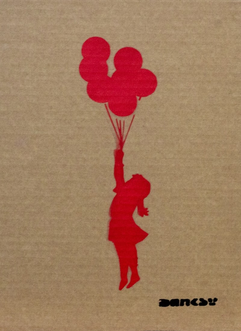 Banksy - Stencil/Spray on cardboard - Dismaland WSM: Artist: Banksy Title: Flying Balloon Girl (red) Technique: Stencil/Spray on Cardboard size: 35 x 25 cm. (13,8 x 9,85 inch) Framed: Not framed More Information Banksy - Flying Balloon Girl (red).