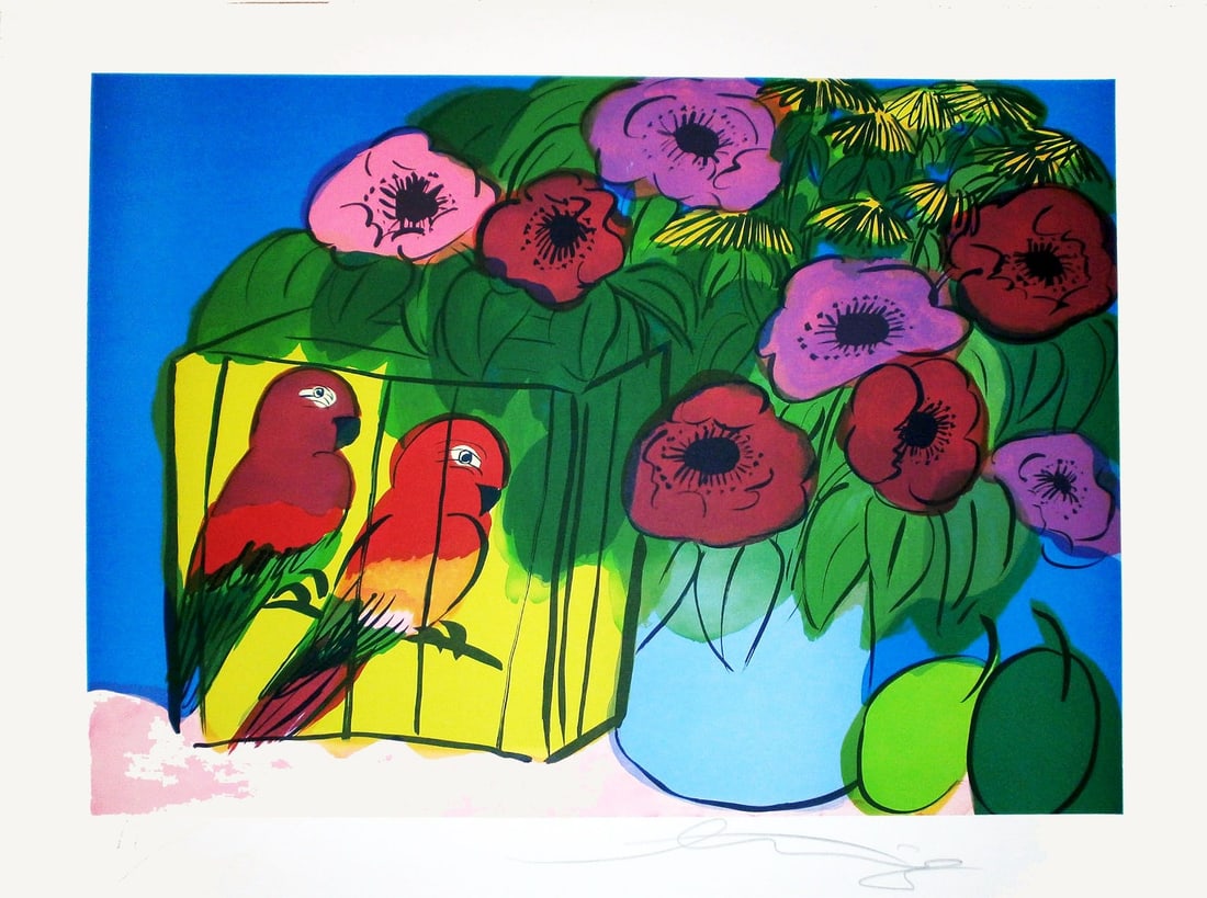 Ting, Walasse - Parrots and Flowers - Hand-signed Lithograph: Artist: Ting, Walasse Title: Parrots and Flowers Technique: Lithograph on BFK Rives paper size: 55 x 71,5 cm. (21,65 x 28,15 inch) Framed: Not framed More Information H