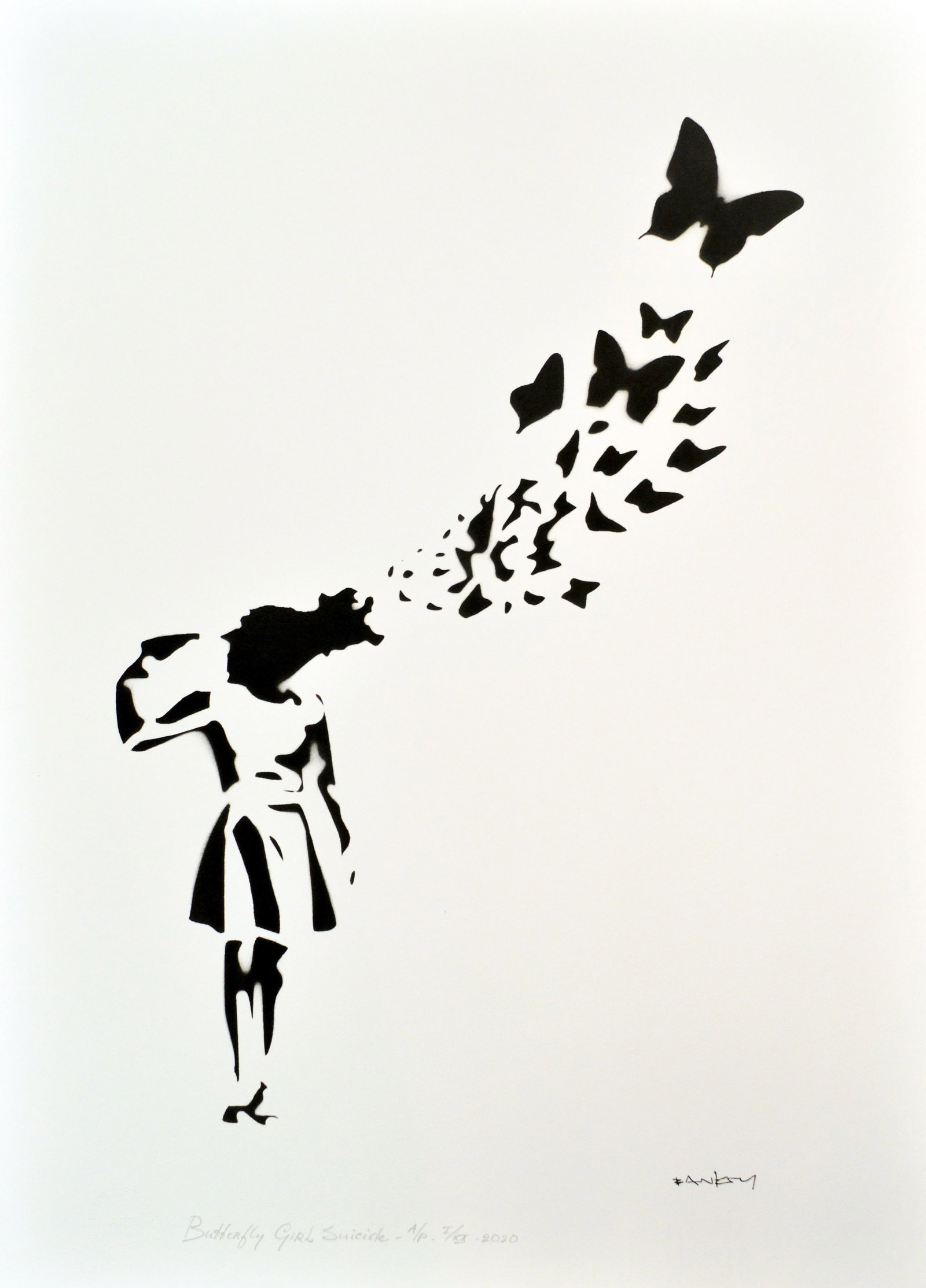 Banksy, after - Stencil / Spray: Artist: Banksy, after Title: Butterfly Girl Suicide Technique: Stencil/Spray on Arches paper 360 g size: 70 x 50 cm. (27,55 x 19,7 inch) Framed: Not framed More Information Title: Butterfly Girl