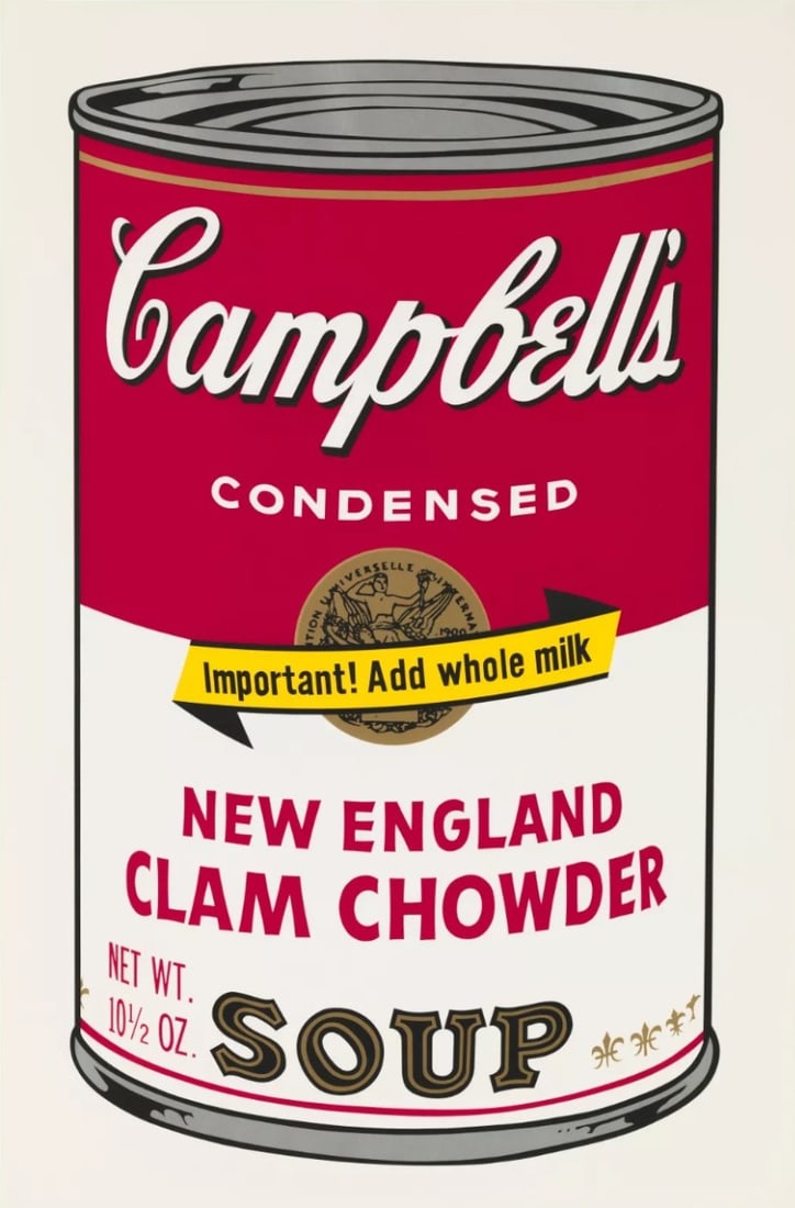 Andy Warhol - Campbells Soup - Clam Chowder - Silkscreen: Artist: Warhol, Andy Title: Campbells Soup - Clam Chowder Technique: Silkscreen on Museum board (heavy weight paper) size: 89 x 58,5 cm. (35,05 x 23,05 inch) Framed: Not framed More Information Andy