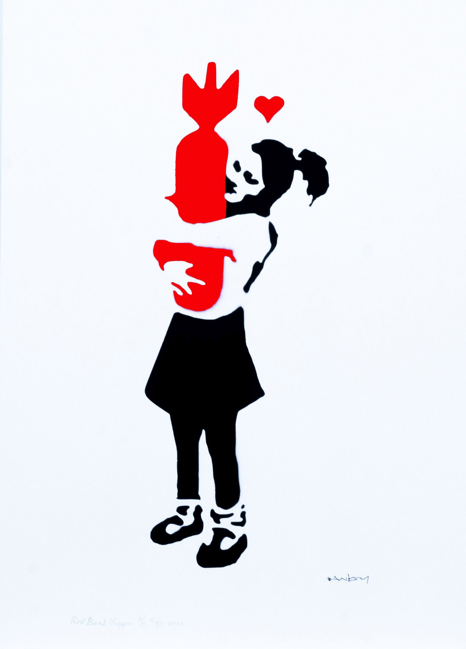 Banksy, after - Stencil / Spray.: Artist: Banksy, after Title: Red Bomb Hugger Technique: Stencil/Spray on Arches paper 360 g size: 70 x 50 cm. (27,55 x 19,7 inch) Framed: Not framed More Information Ti