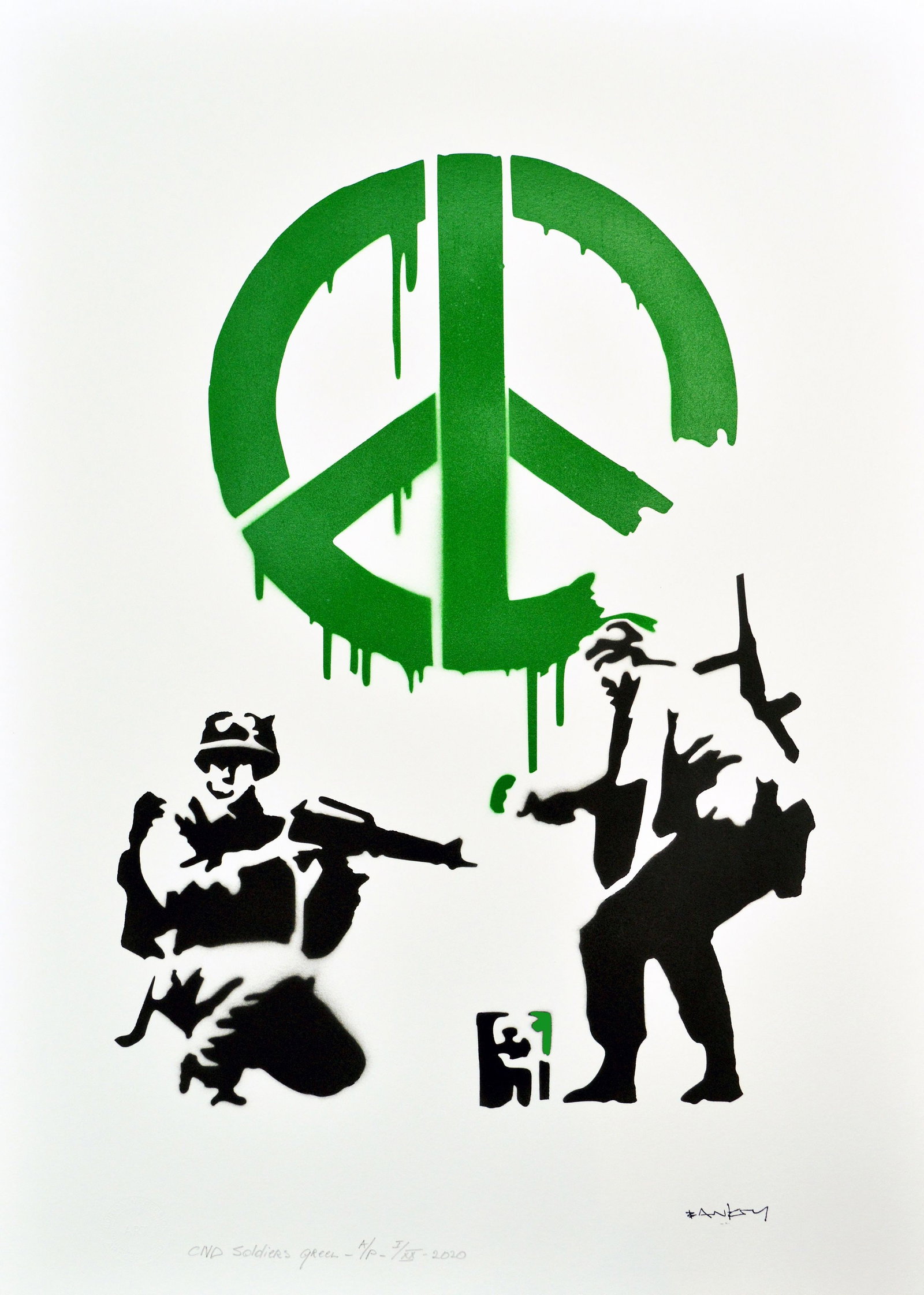 Banksy, after - Stencil / Spray.: Artist: Banksy, after Title: CND Soldiers Green Technique: Stencil/Spray on Arches paper 360 g size: 70 x 50 cm. (27,55 x 19,7 inch) Framed: Not framed More Information