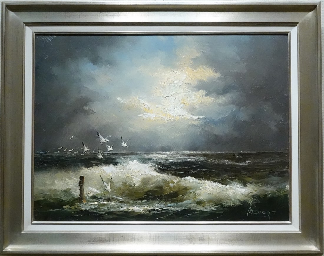 Jan Bévort - Oil Painting on canvas - Hand signed: Artist: Bévort, Jan Title: Zeegezicht met opvliegende meeuwen Technique: Oil painting on Canvas size: 60 x 80,5 cm. (23,6 x 31,7 inch) More Information Title: Zeegezicht met opvliegende meeuwen