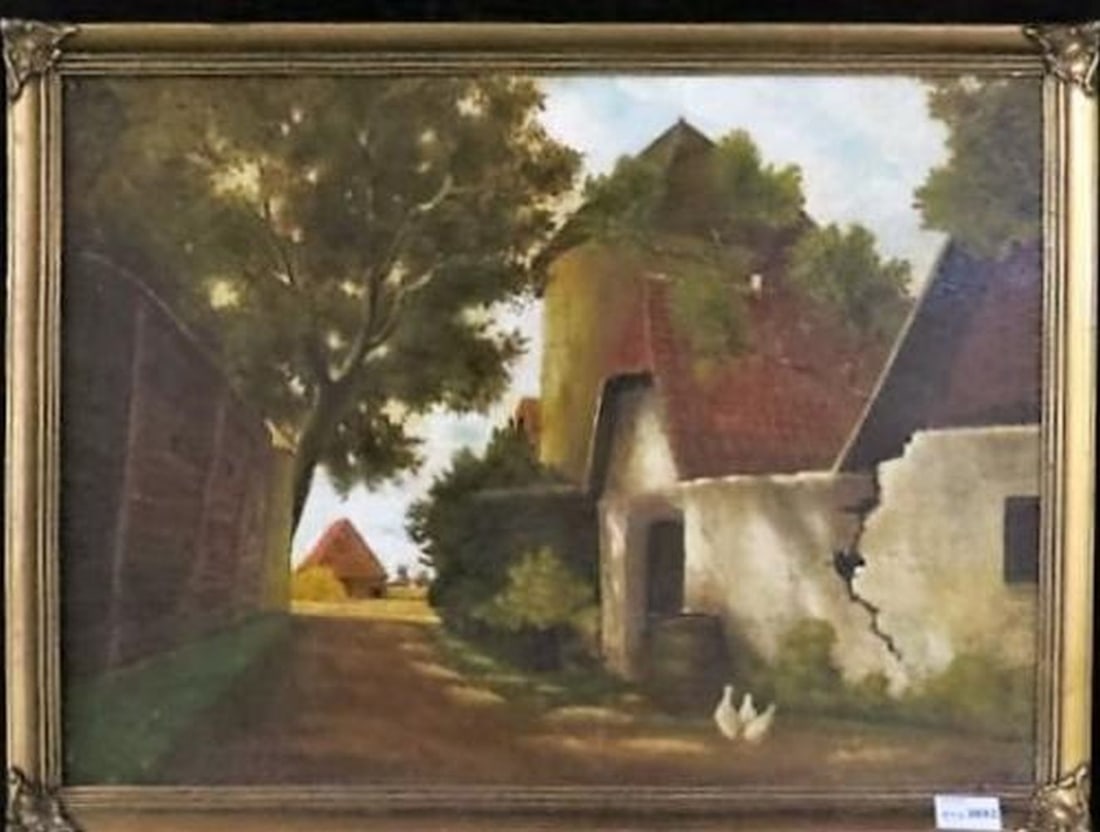 Rienks, D. - Oil Painting.: Artist: Rienks, D. Title: Boerderij met kippen Technique: Oil painting on Canvas size: 50 x 65 cm. (19,7 x 25,6 inch) More Information Hand-signed comes with an original frame. Duch school. About the