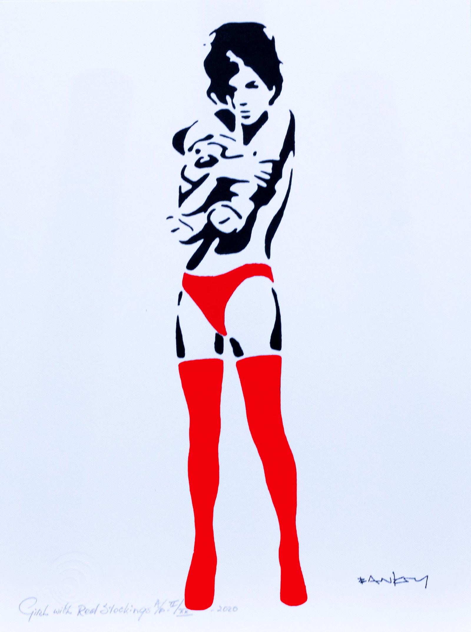Banksy, after - Stencil / Spray.: Artist: Banksy, after Title: Sexy Girl Hugging Teddy Red Stockings Technique: Stencil/Spray on Arches paper 360 g size: 40 x 30 cm. (15,75 x 11,8 inch) Framed: Not framed More Information Title: Sexy