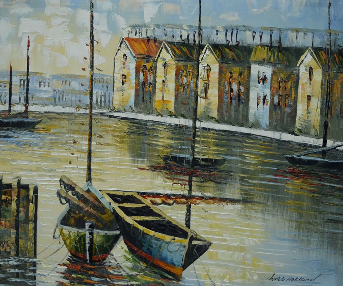 Holland, Chris - Oil Painting: Artist: Holland, Chris Title: Griekse vissershaven Technique: Oil painting on Canvas size: 60 x 50 cm. (23,6 x 19,7 inch) Framed: Not framed More Information Title: Gri