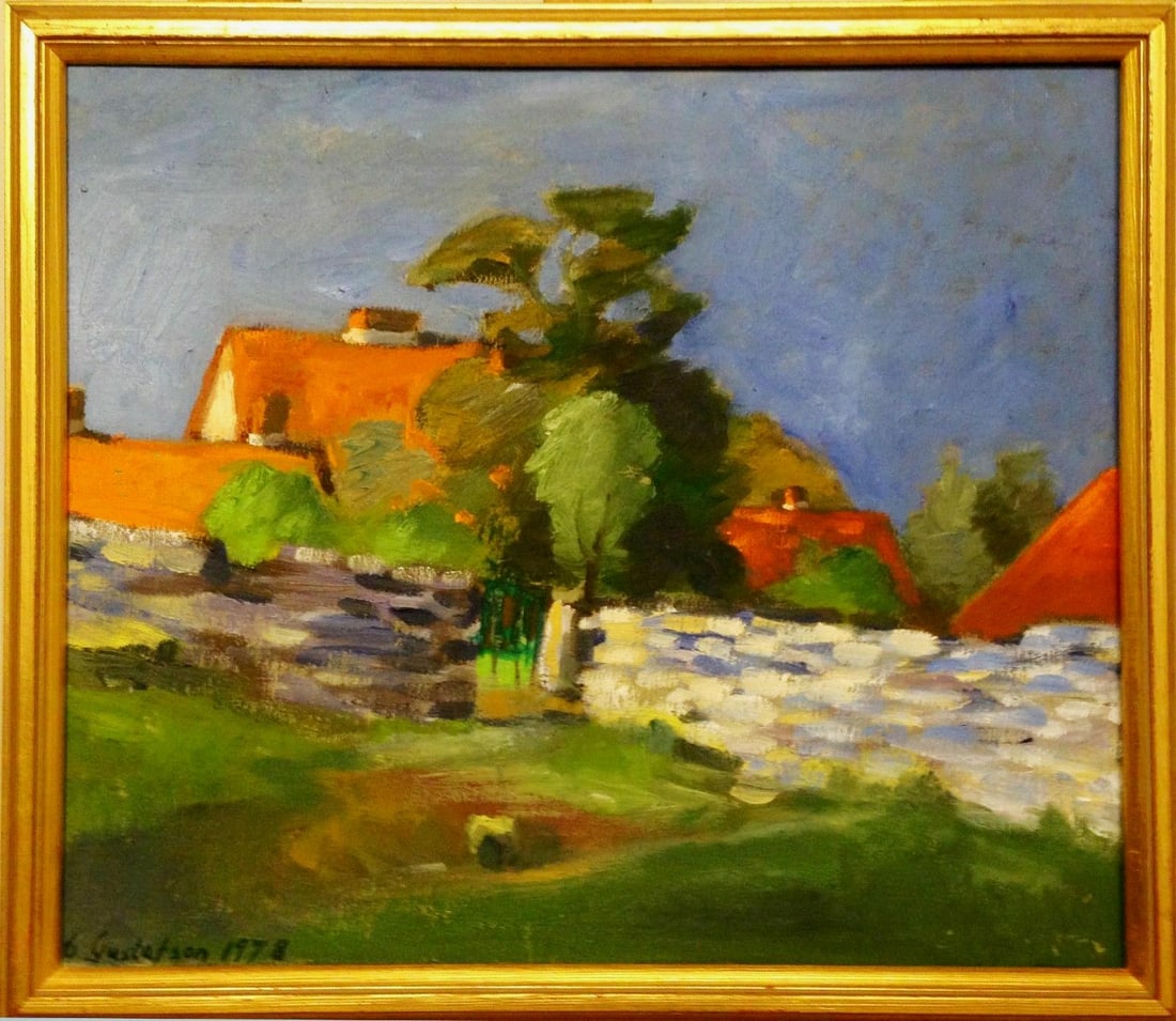 Gustafson oil painting on canvas - Handsigned: Artist: Gustafsson, Bengt Title: ROTE DÄCHER Technique: Oil painting on Canvas size: 48 x 40,5 cm. (18,9 x 15,95 inch) More Information Very beautiful oil painting. Handsigned. C