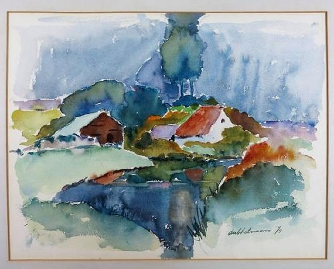 Dubbelman, Maarten - Water Color - Handsigned: Artist: Dubbelman, Maarten Title: Landscape with farmhouses Technique: Watercolor on Handmade paper size: 50 x 58 cm. (19,7 x 22,85 inch) More Information Hand-Signed by the Arti