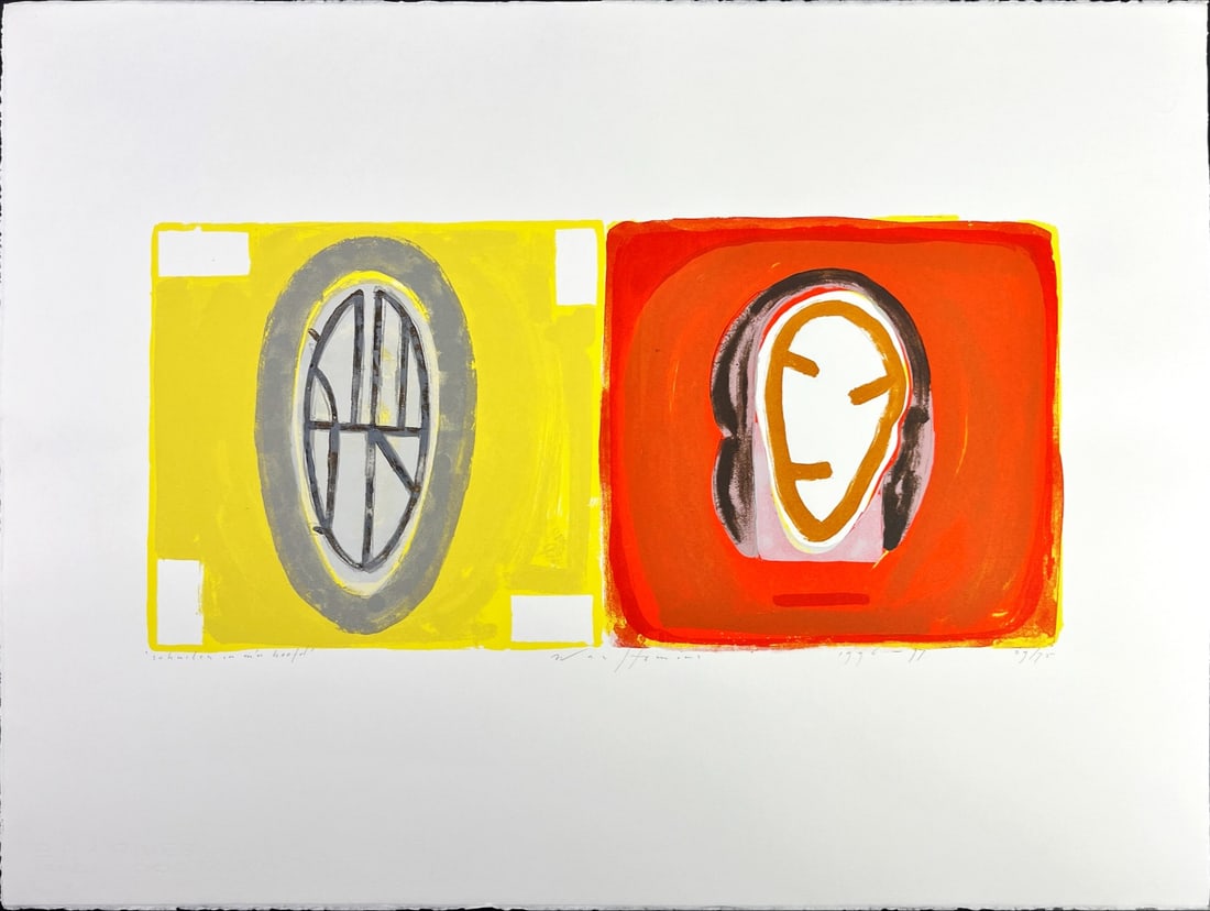 Piet Warffemius - Silkscreen - Hand signed: Artist: Warffemius, Piet Title: Schuilen in m'n hoofd Technique: Silkscreen on Handmade paper size: 57 x 76 cm. (22,45 x 29,9 inch) Framed: Not framed More Information