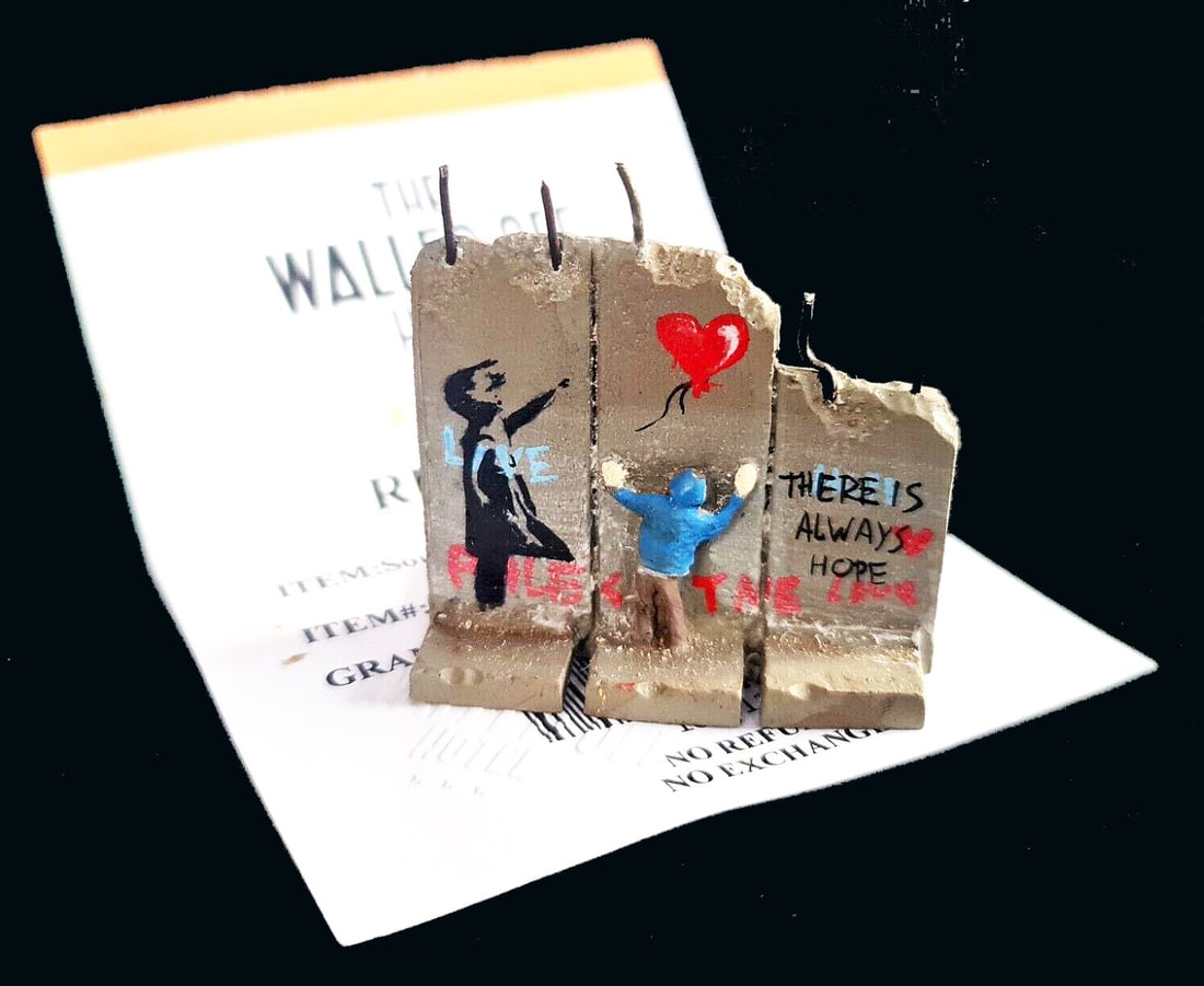 Banksy - Walled Off Hotel -Sculpture - There is Always Hope - receipt included: Artist: Banksy Title: Banksy Walled Off Hotel - Wall Sculpture - There is Always Hope Technique: Sculpture on polymer resin size: 6 x 5,5 cm. (2,35 x 2,15 inch) Framed: Not framed More Information