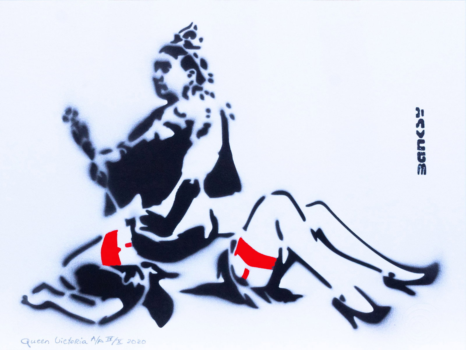 Banksy, after - Stencil / Spray.: Artist: Banksy, after Title: Queen Victoria red Technique: Stencil/Spray on Arches paper 360 g size: 40 x 30 cm. (15,75 x 11,8 inch) Framed: Not framed More Information Title: Queen Victoria red.