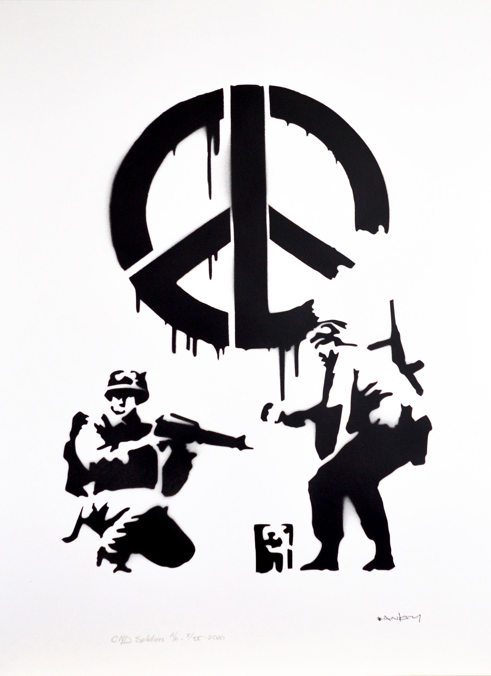 Banksy, after - Stencil / Spray: Artist: Banksy, after Title: CND Soldiers Technique: Stencil/Spray on Arches paper 360 g size: 70 x 50 cm. (27,55 x 19,7 inch) Framed: Not framed More Information Title: CND Soldiers . Banksy, after.