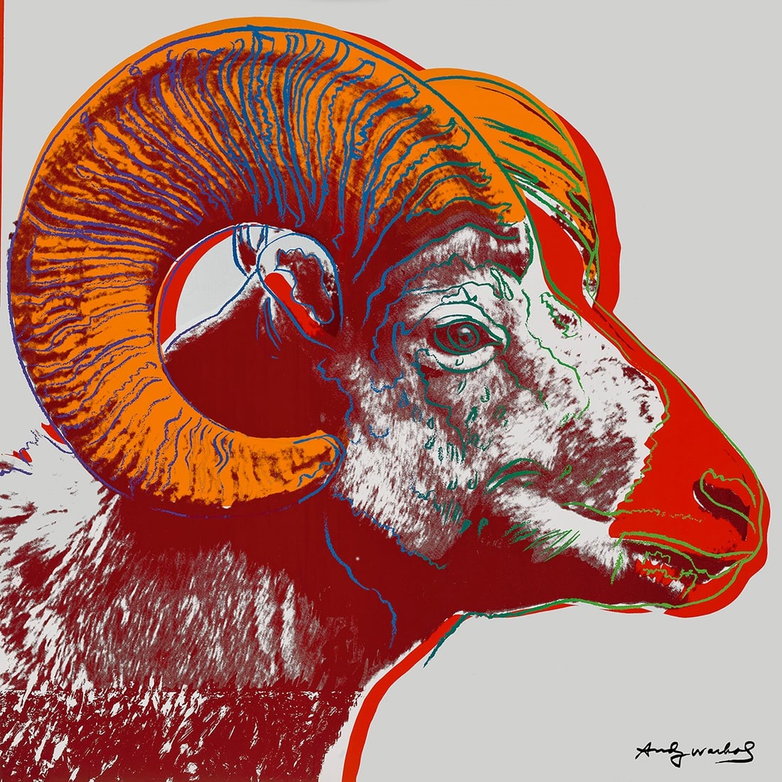Andy Warhol - Bighorn Ram of the series Endangered Species - Silkscreen: Artist: Warhol, Andy Title: Bighorn Ram Technique: Silkscreen on Lenox museum board size: 91 x 91 cm. (35,85 x 35,85 inch) Framed: Not framed More Information Celebrate one of Andy Warhol’s most