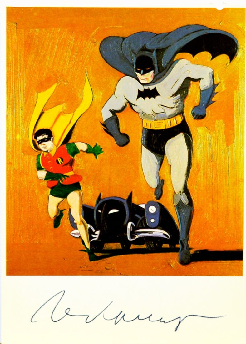 Mel Ramos- Artcard - Handsigned: Artist: Ramos, Mel Title: Batman, Robin and Bat Mobile Technique: Offset lithograph on Cardboard size: 15 x 10,5 cm. (5,9 x 4,15 inch) Framed: Not framed More Information<