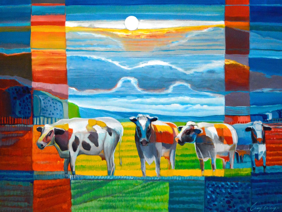 Wing, Lony - Acryl Painting - Handsigned: Artist: Wing, Lony Title: Verwonderde koeien Technique: Acrylic painting on Canvas size: 60 x 90 cm. (23,6 x 35,45 inch) More Information Hand signature by the Artist. Comes with COA. About the