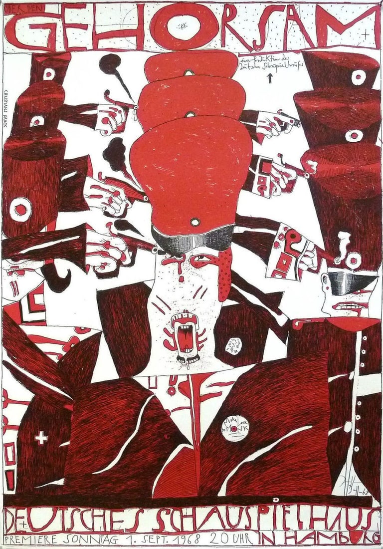 Janssen, Horst - ZinkEtching - Handsigned: Artist: Janssen, Horst Title: Über den Gehorsam Technique: Etching on Fine art paper size: 86 x 61 cm. (33,85 x 24 inch) Framed: Not framed More Information Hand-Signed