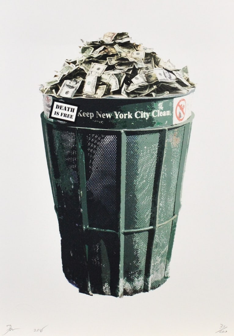 Death NYC - New York Money Garbage: Artist: Death NYC Title: New York Money Garbage Technique: Silkscreen on Fine art 300 gsm paper size: 45 x 32 cm. (17,7 x 12,6 inch) Framed: Not framed More Information Hand signature by the Artist.