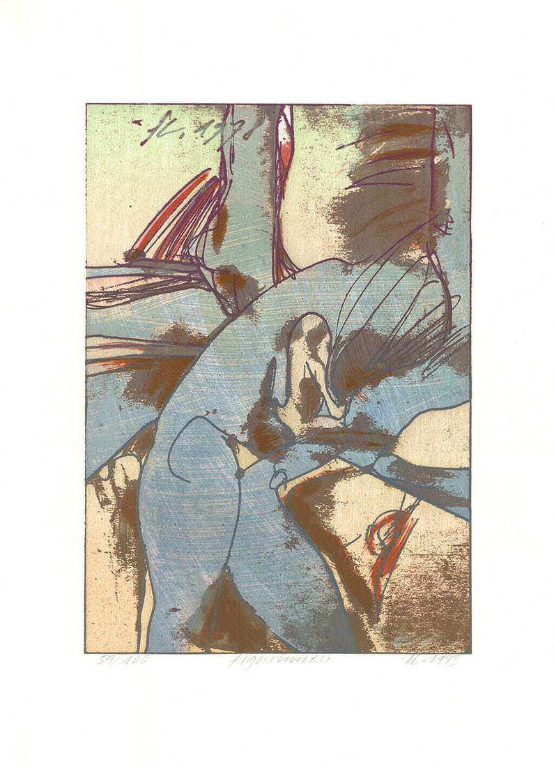 Franz Eggenschwiler - Colored woodcut - Handsigned: Artist: Eggenschwiler, Franz Title: Figurinnen Technique: Woodcut on Handmade paper size: 69,2 x 50 cm. (27,25 x 19,7 inch) Framed: Not framed More Information Colored woodcut. Handsigned, numbered,