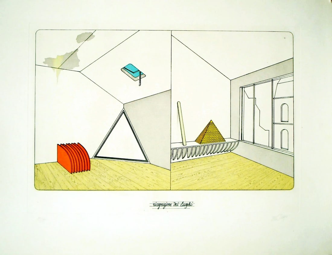 Del Pezzo, Lucio - Etching/Aquatint: Artist: Del Pezzo, Lucio Title: Ricognizione del luoghi Technique: Etching on Arches paper size: 55,5 x 66 cm. (21,85 x 26 inch) Framed: Not framed More Information Han