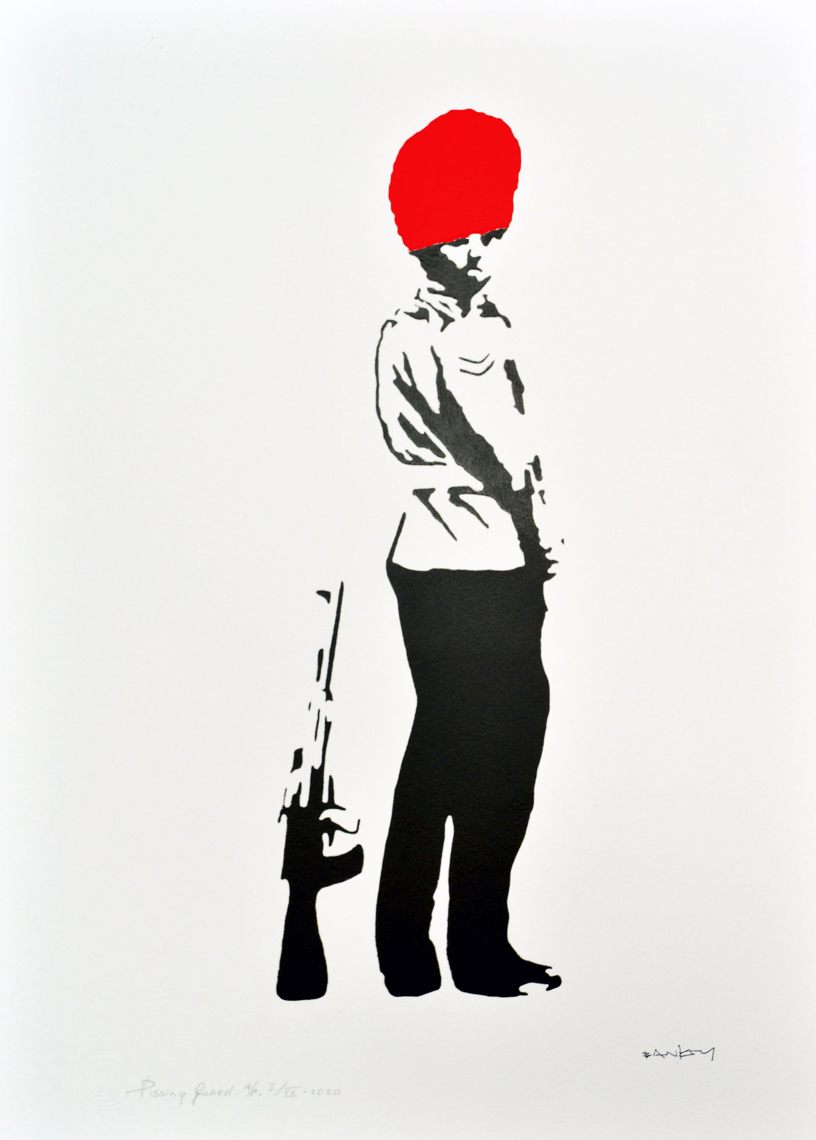 Banksy, after - Stencil / Spray.: Artist: Banksy, after Title: Pissing Guard Red Technique: Stencil/Spray on Arches paper 360 g size: 70 x 50 cm. (27,55 x 19,7 inch) Framed: Not framed More Information Title: Pissing Guard Red.