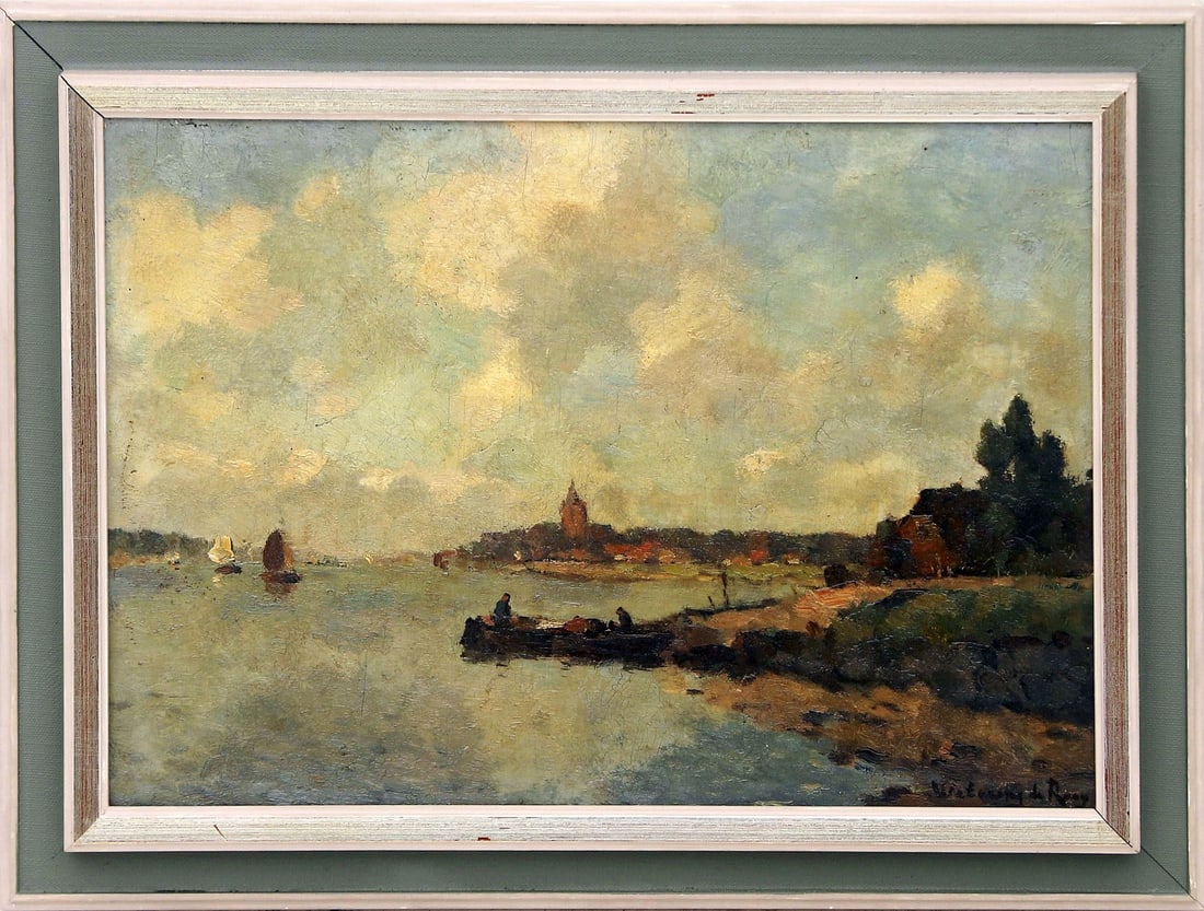 Johannes Embrosius van de Wetering de Rooy - Oil painting - Hand signed: Artist: Wetering de Rooy, Johannes Embrosius van de Title: Dutch landscape with waterfront cottage and church Technique: Oil painting on Panel size: 25,5 x 36 cm. (10,05 x 14,15 inch) Framed: 32,5 x