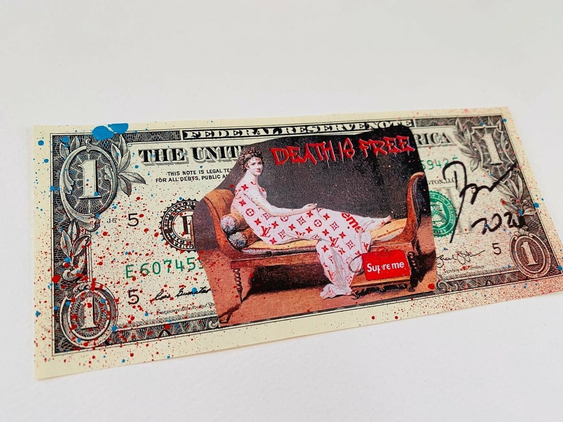 Death NYC - Mixed Media.: Artist: Death NYC Title: USD $1 Bill - Vintage S up Bag Technique: Mixed techniques on Fine art 300 gsm paper size: 6,7 x 15,5 cm. (2,65 x 6,1 inch) Framed: Not framed More Information Hand signature