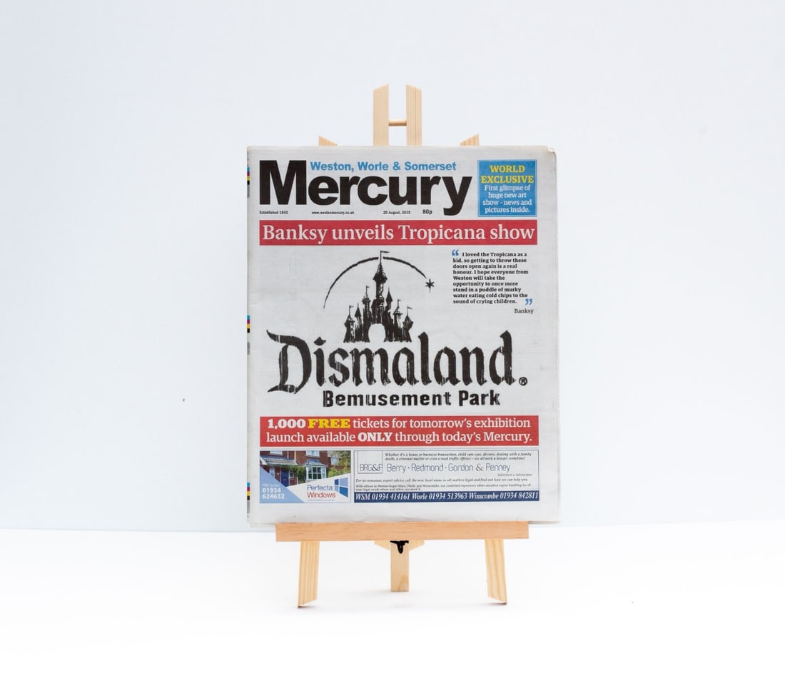 Banksy - Dismaland, Mercury: Artist: Banksy Title: Mercury Newspaper Technique: Newspaper on Paper size: 36 x 29,5 cm. (14,15 x 11,6 inch) Framed: Not framed More Information Original Mercury Newsp
