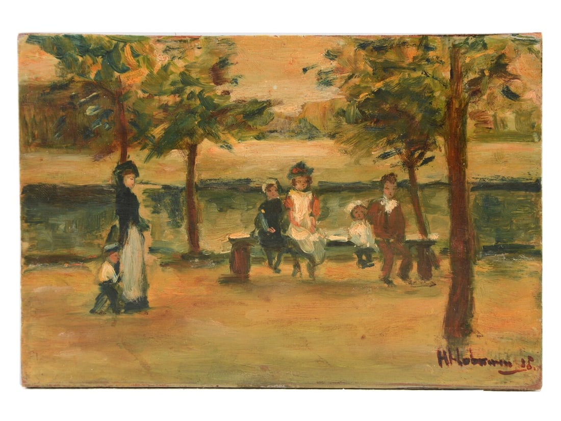 Hugo von Habermann - oil painting - Handsigned: Artist: Habermann, Hugo von Title: Figures dans le parc Technique: Oil painting on Panel size: 11,5 x 17 cm. (4,55 x 6,7 inch) Framed: Not framed More Information Hugo Joseph Anton Freiherr von