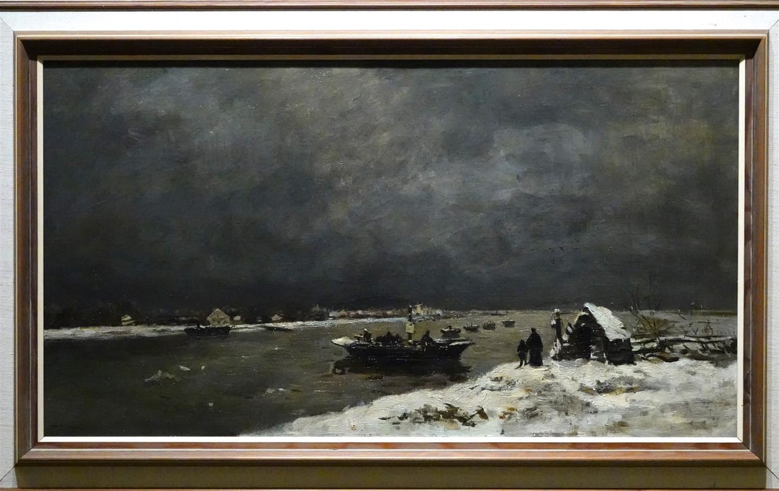 Louis Apol - Oil painting: Artist: Apol, Louis Title: Crossing Ferry near Wijk bij Duurstede Technique: Oil painting on Canvas size: 52,5 x 95 cm. (20,65 x 37,4 inch) More Information Louis Apol, painter o
