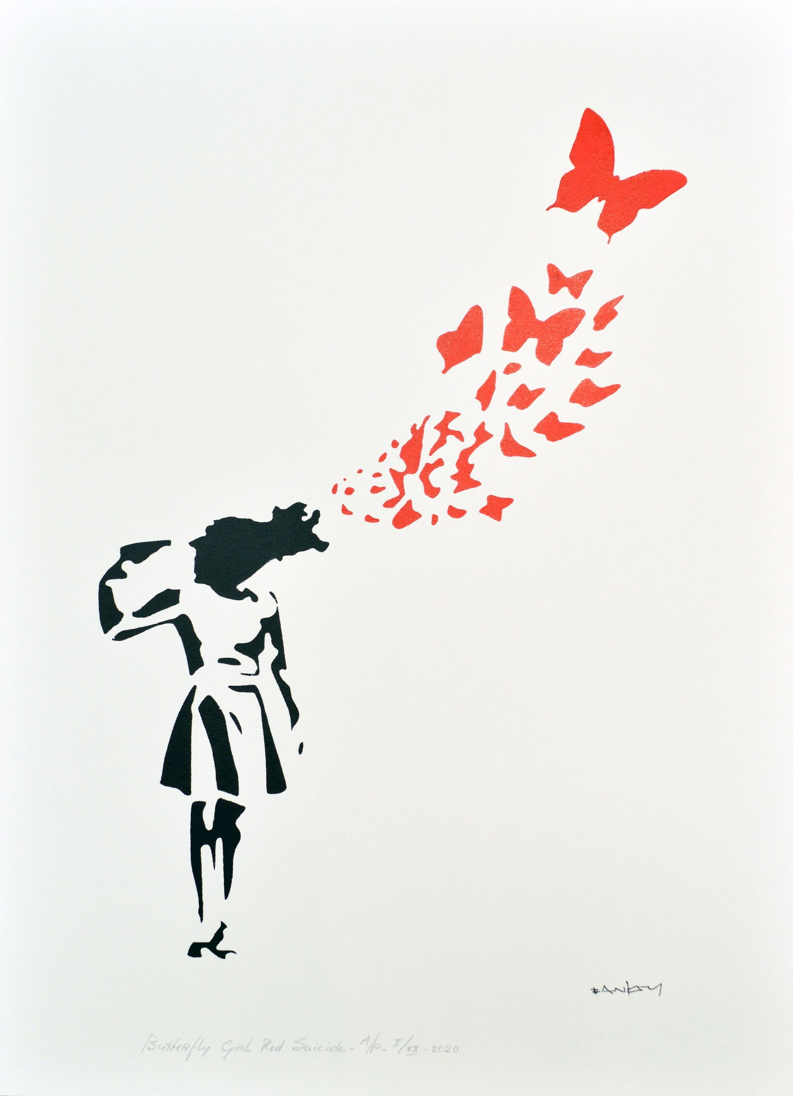 Banksy, after - Stencil / Spray.: Artist: Banksy, after Title: Butterfly Girl Red Suicide Technique: Stencil/Spray on Arches paper 360 g size: 70 x 50 cm. (27,55 x 19,7 inch) Framed: Not framed More Information Title: Butterfly Girl