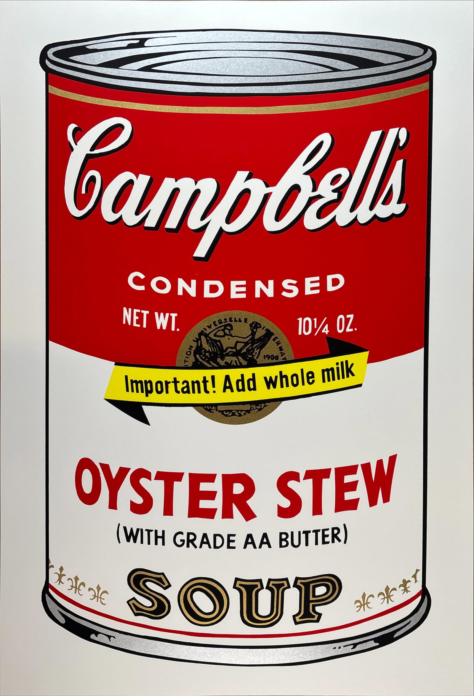 Andy Warhol - Campbells Soup - Oyster Stew - Silkscreen: Artist: Warhol, Andy Title: Campbells Soup - Oyster Stew Technique: Silkscreen on Museum board (heavy weight paper) size: 89 x 58,5 cm. (35,05 x 23,05 inch) Framed: Not framed More Information Andy
