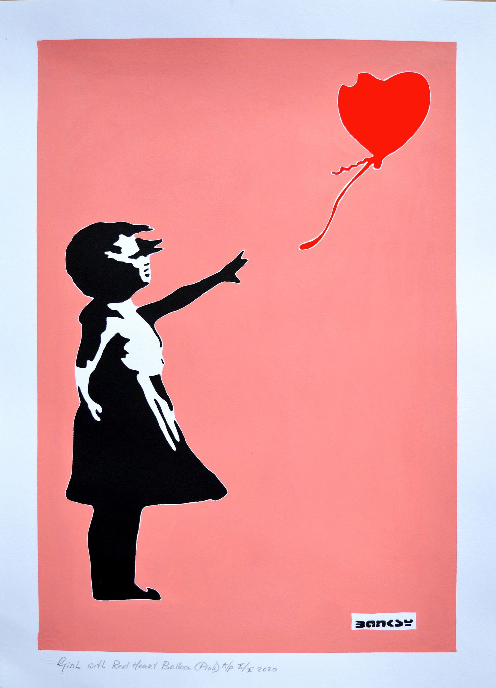 Banksy, after - Stencil / Spray.: Artist: Banksy, after Title: Girl with Red Heart Balloon (Pink) Technique: Stencil/Spray on Arches paper 360 g size: 70 x 50 cm. (27,55 x 19,7 inch) Framed: Not framed More Inform