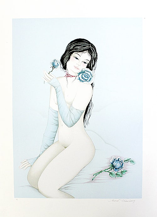 Mara Tran-Lon - Lithograph - Hand signed: Artist: Tran-Long, Mara Title: Nude at the Blue Roses Technique: Lithograph on Fine art 300 gsm paper size: 76 x 56 cm. (29,9 x 22,05 inch) Framed: Not framed More Information Mara Tran-Long is a