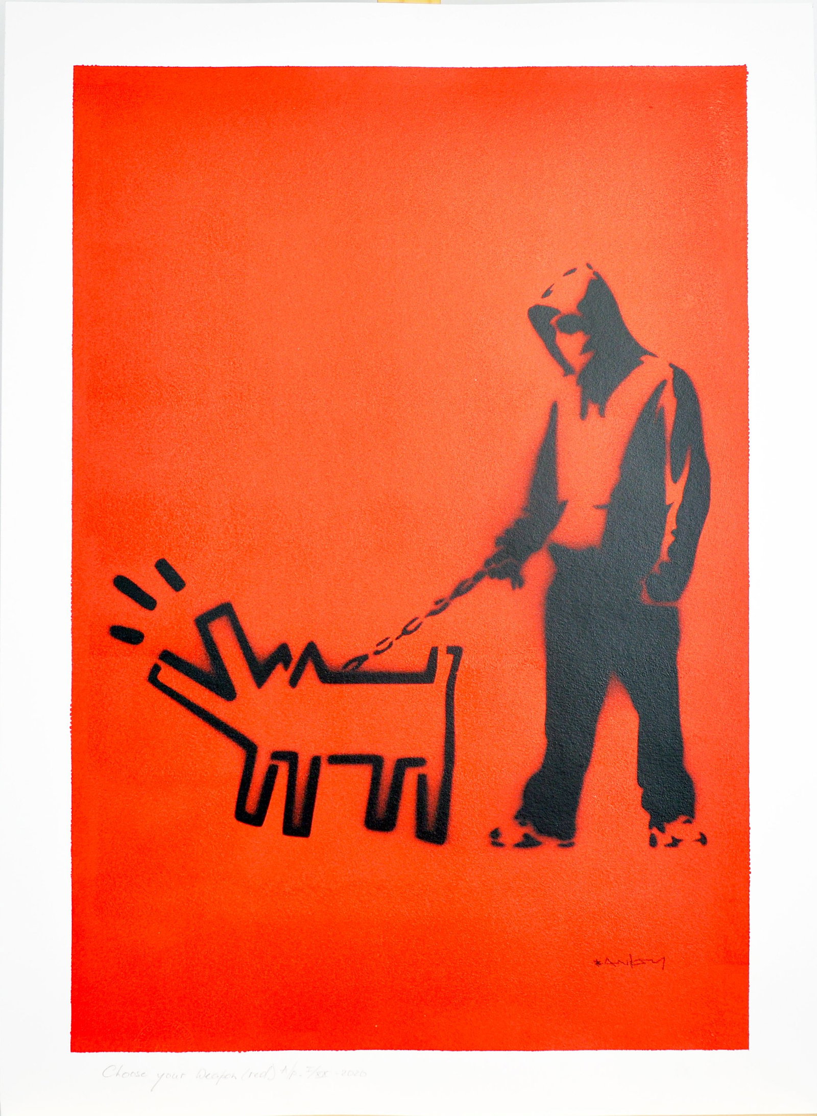 Banksy, after - Stencil / Spray.: Artist: Banksy, after Title: Choose your Weapon (Red) Technique: Stencil/Spray on Arches paper 360 g size: 70 x 50 cm. (27,55 x 19,7 inch) Framed: Not framed More Information Title: Choose your