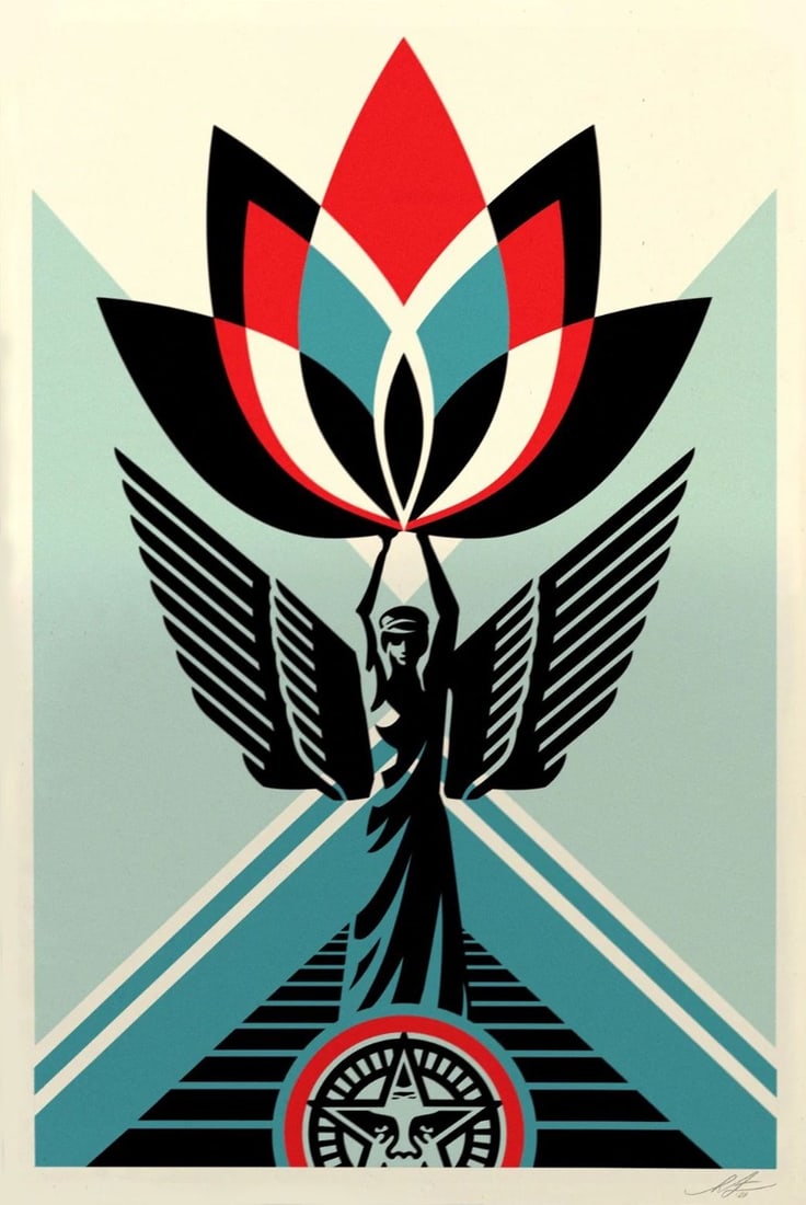 Fairey, Shepard - Lotus Angel - Hand-signed: Artist: Fairey, Shepard Title: Lotus Angel Technique: Offset lithograph on Speckle tone paper size: 91,5 x 61 cm. (36 x 24 inch) Framed: Not framed More Information Tit