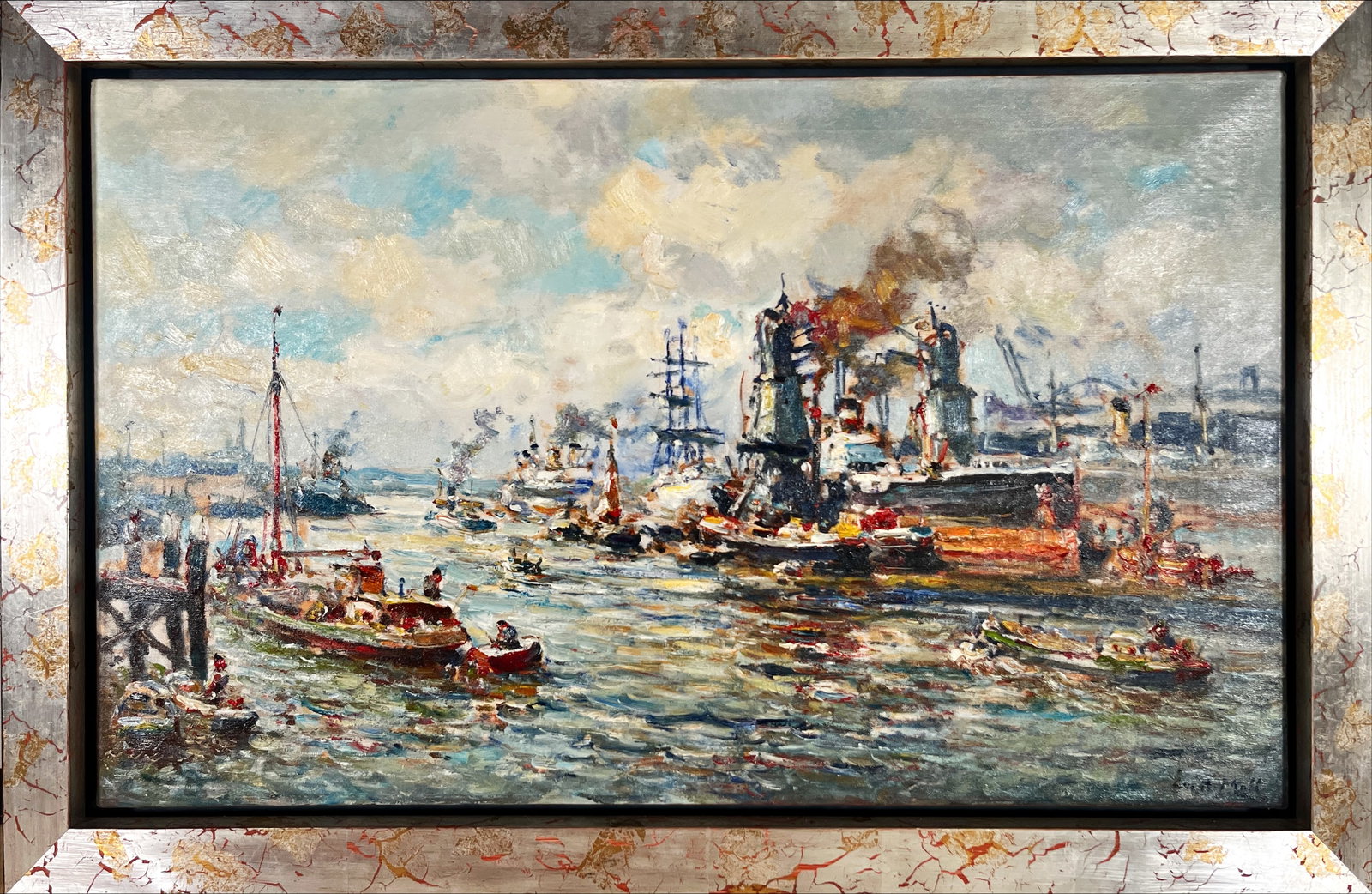 Moll, Evert, View on Harbour Rotterdam - Oil Painting - Hand-signed: Artist: Moll, Evert Title: View on harbour of Rotterdam Technique: Oil painting on Canvas size: 61 x 100 cm. (24 x 39,35 inch) Framed: 73 x 113 cm. (28,75 x 44,5 inch) More Information