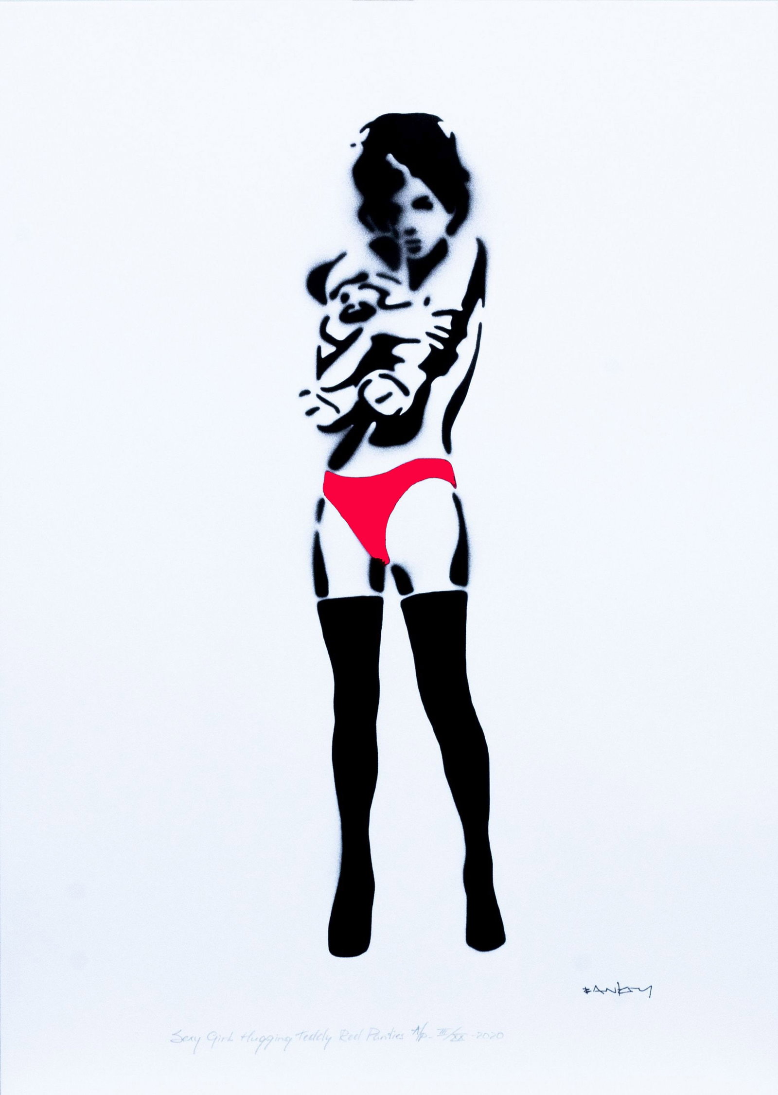 Banksy, after - Stencil / Spray.: Artist: Banksy, after Title: Sexy Girl Hugging Teddy red panties Technique: Stencil/Spray on Arches paper 360 g size: 70 x 50 cm. (27,55 x 19,7 inch) Framed: Not framed More Information Title: Sexy