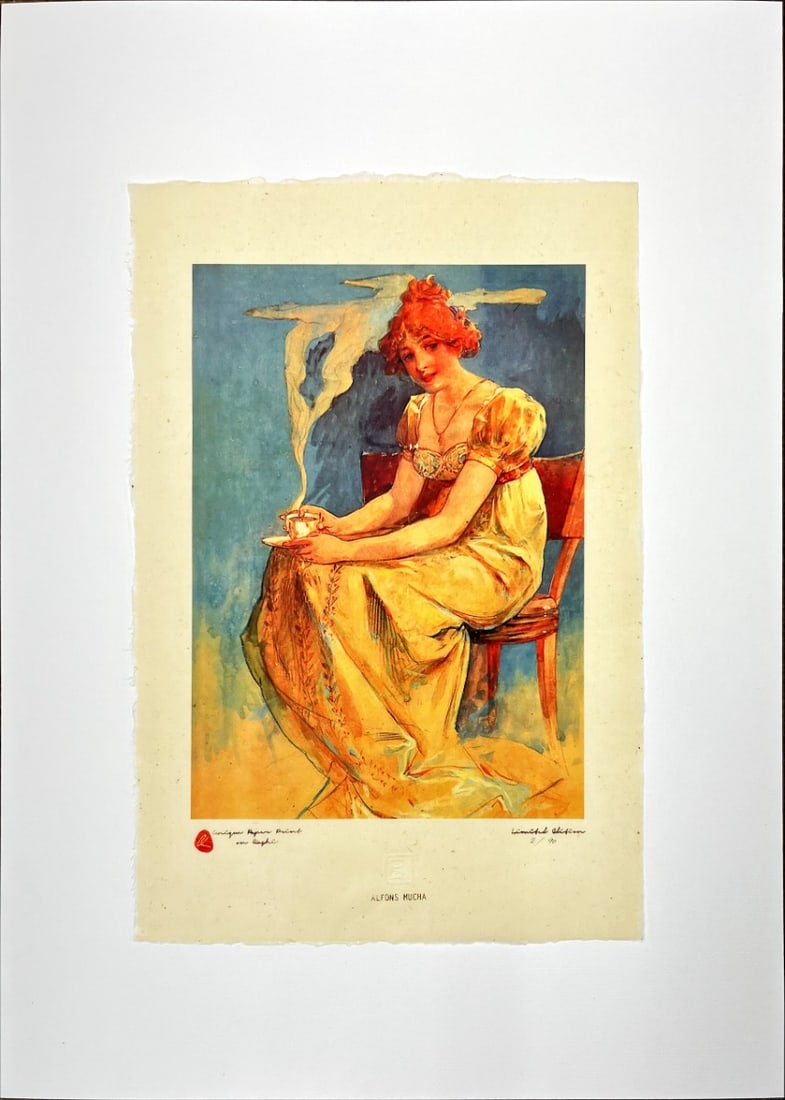 Mucha, Alphonse - Lithograph - Handnumbered: Artist: Mucha, Alphonse Title: Seated woman with coffee cup Technique: Lithograph on Japanese rice paper size: 30 x 21 cm. (11,8 x 8,25 inch) Framed: Not framed More Information</