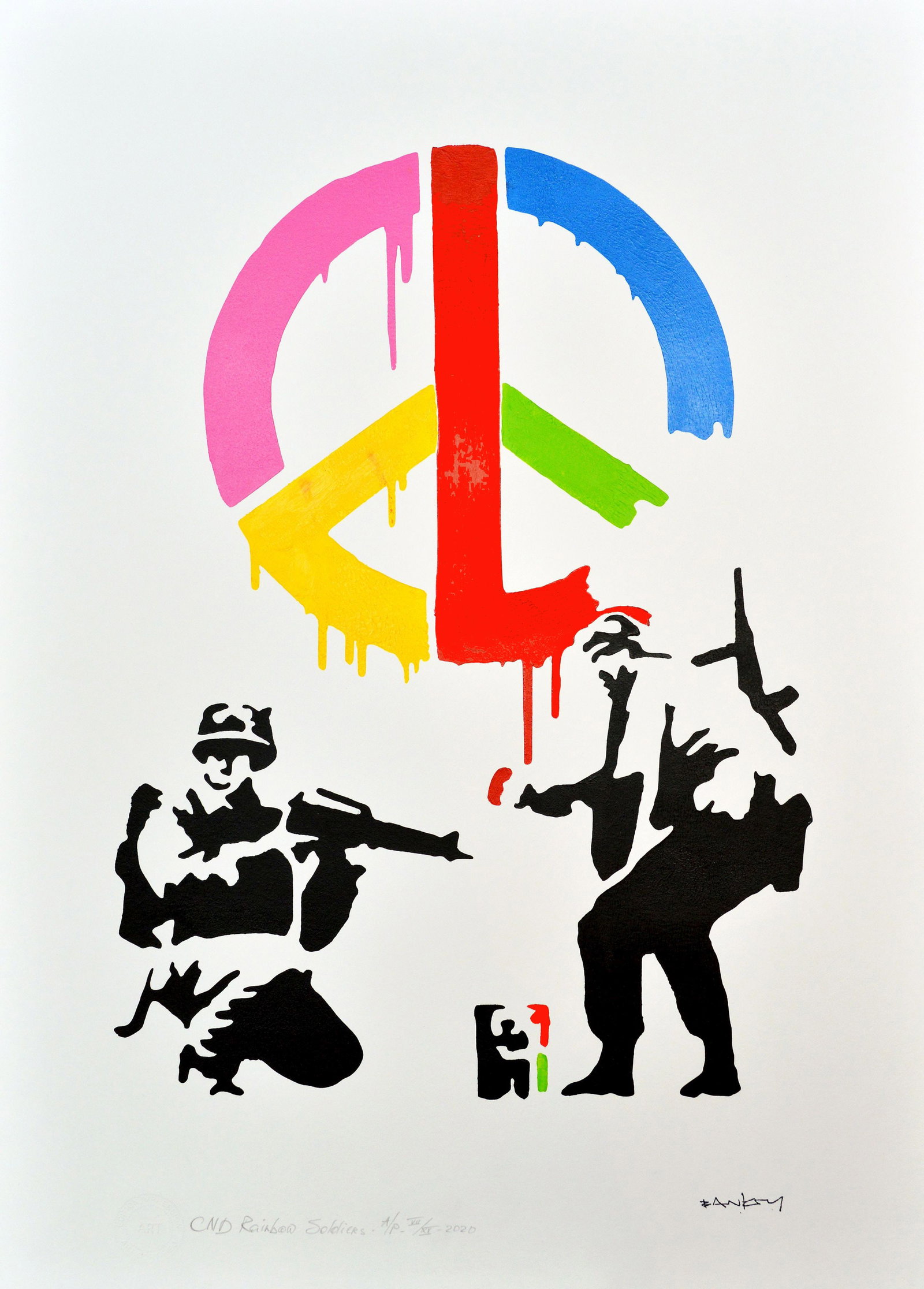 Banksy, after - Stencil / Spray.: Artist: Banksy, after Title: CND Rainbow Soldiers Technique: Stencil/Spray on Arches paper 360 g size: 70 x 50 cm. (27,55 x 19,7 inch) Framed: Not framed More Information Title: CND Rainbow Soldiers.