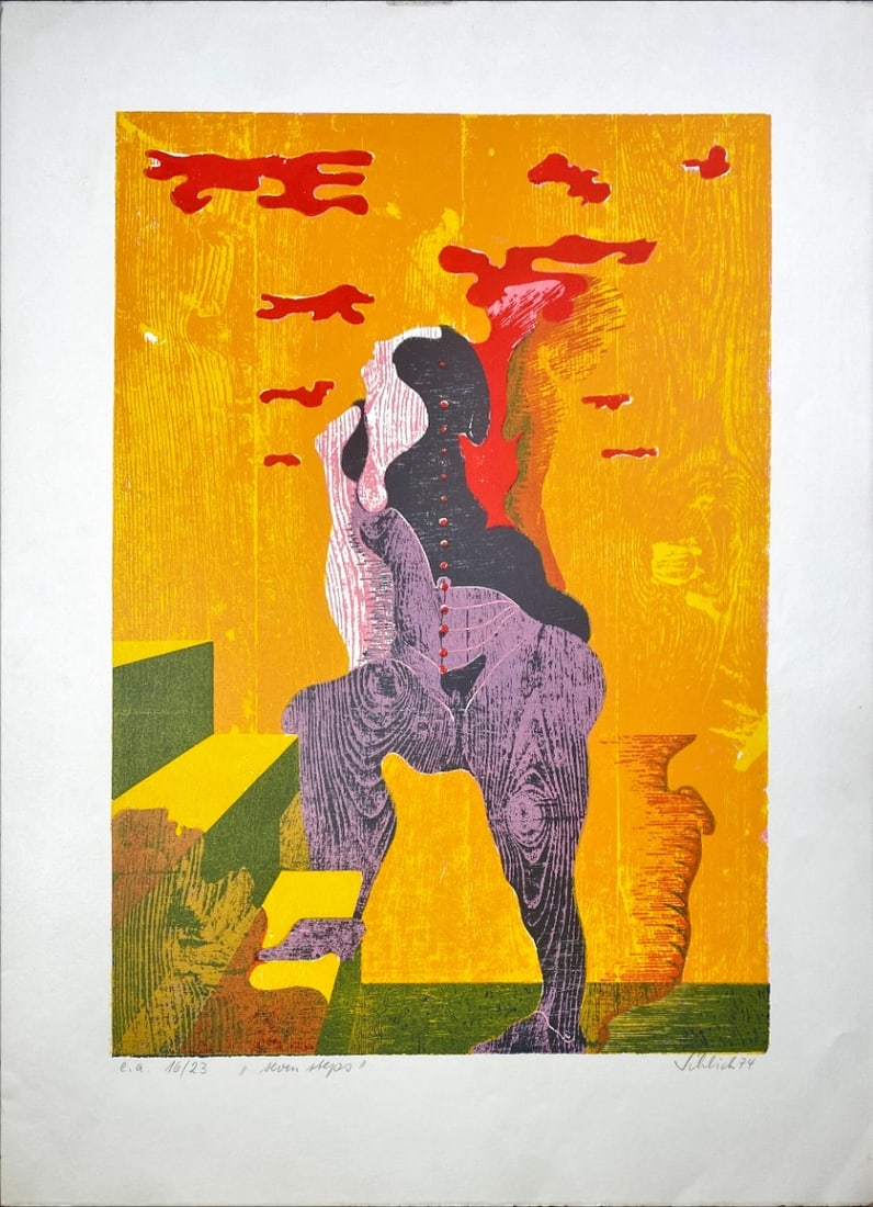 Wolfgang Schlick - Silkscreen - Hand-signed: Artist: Schlick, Wolfgang Title: Seven Steps Technique: Silkscreen on Handmade paper size: 65 x 48,5 cm. (25,6 x 19,1 inch) Framed: Not framed More Information Wolfgang Schlick is an artist born in